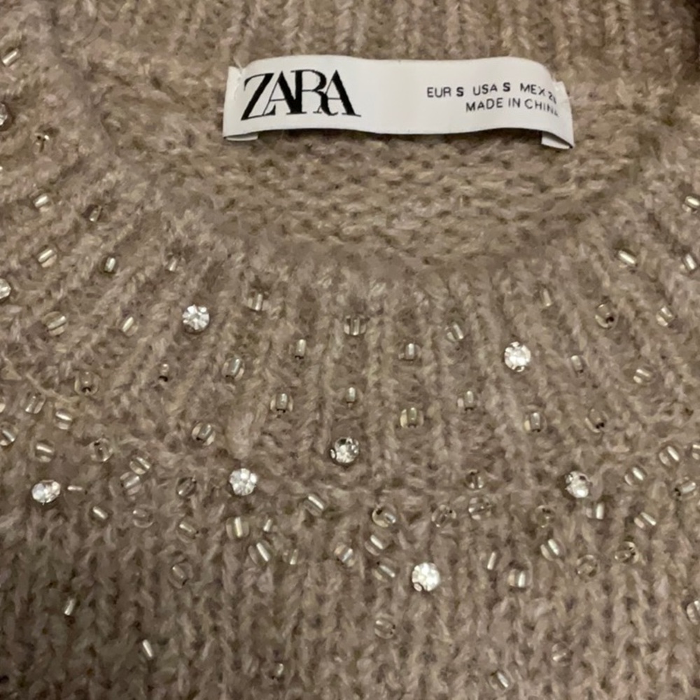 Zara Taupe Beaded Crewneck Sweater size small.